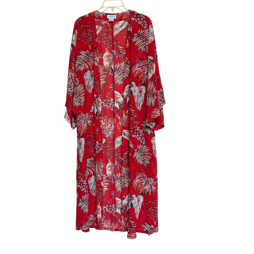 Orchid Row Red Tropical Palm Leaf Kimono Duster Open Front One Size OS Resort